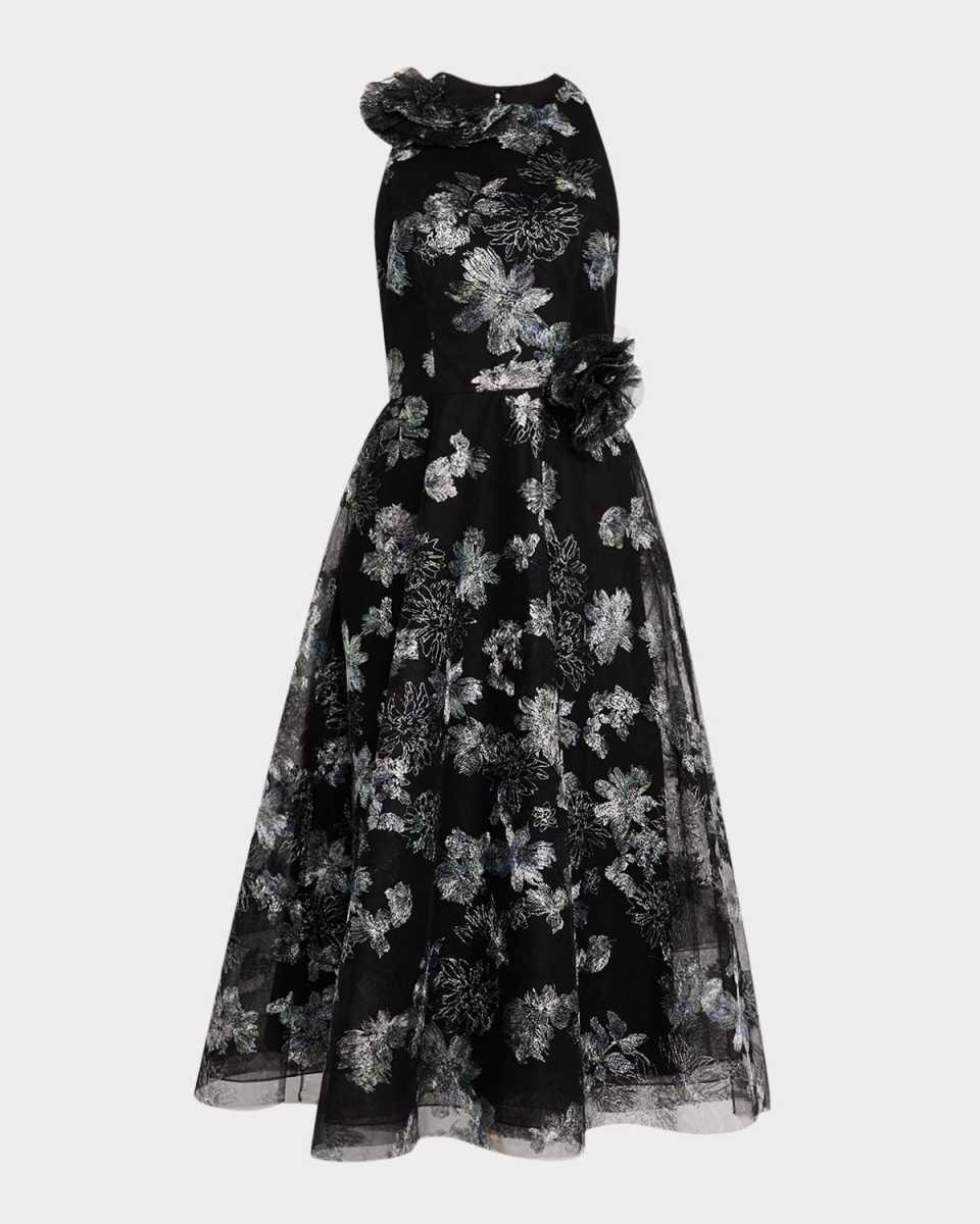 Metallic Floral-Embroidered Tulle Midi Dress